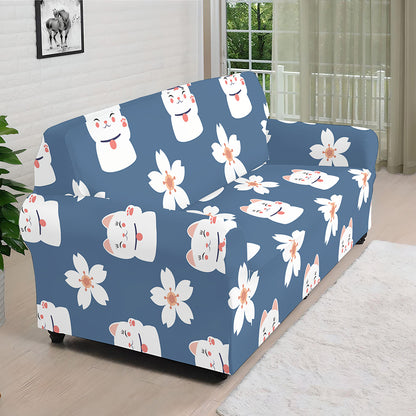 Japanese Lucky Cat And Sakura Print Sofa Cover