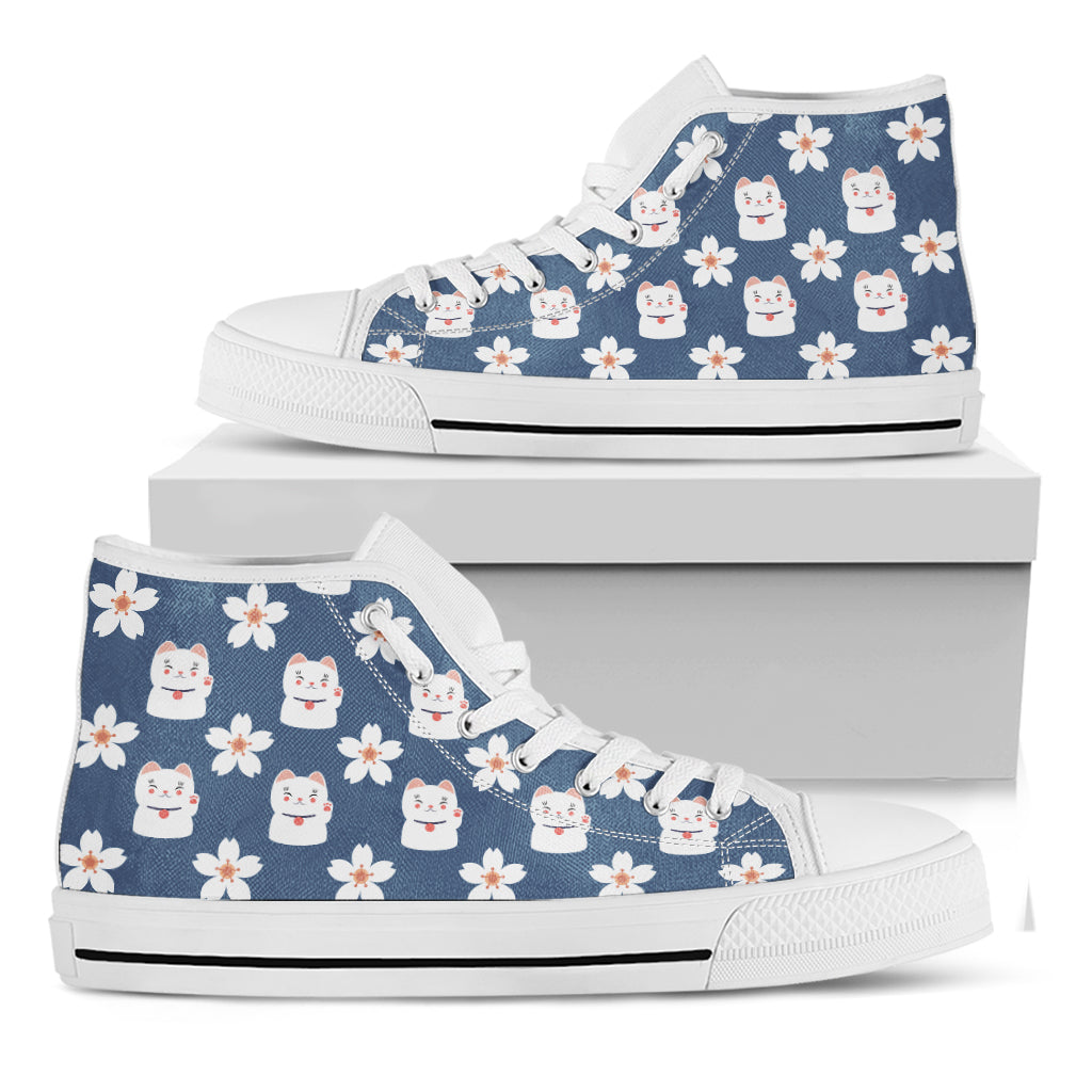 Japanese Lucky Cat And Sakura Print White High Top Shoes