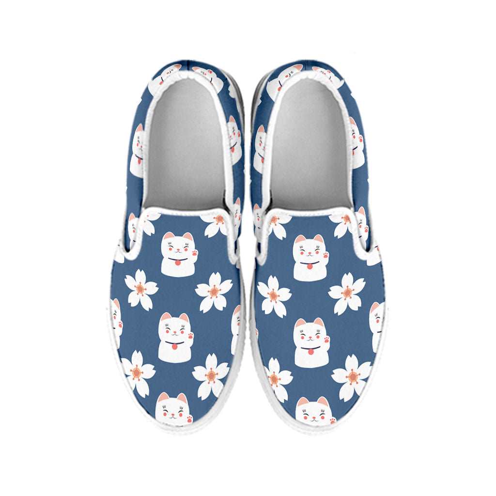 Japanese Lucky Cat And Sakura Print White Slip On Shoes