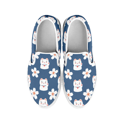 Japanese Lucky Cat And Sakura Print White Slip On Shoes