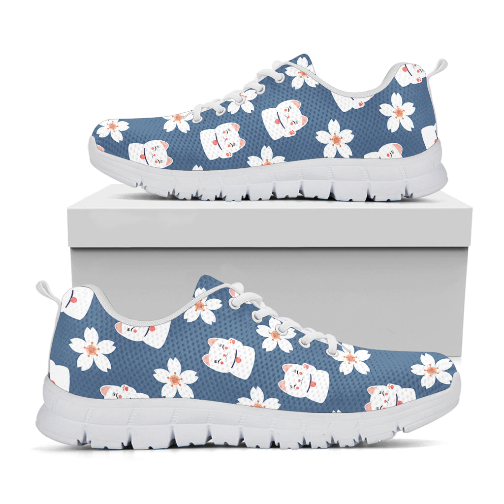 Japanese Lucky Cat And Sakura Print White Sneakers