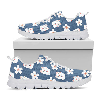Japanese Lucky Cat And Sakura Print White Sneakers