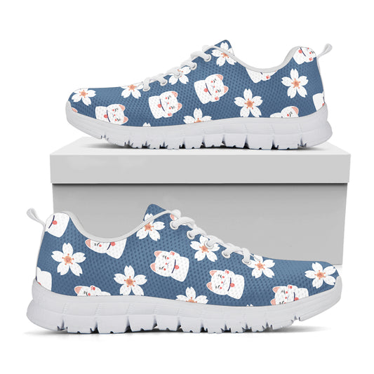 Japanese Lucky Cat And Sakura Print White Sneakers