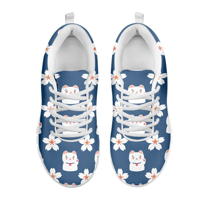 Japanese Lucky Cat And Sakura Print White Sneakers