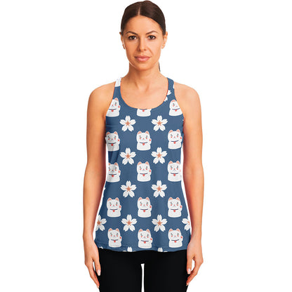 Japanese Lucky Cat And Sakura Print Women's Racerback Tank Top