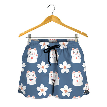 Japanese Lucky Cat And Sakura Print Women's Shorts