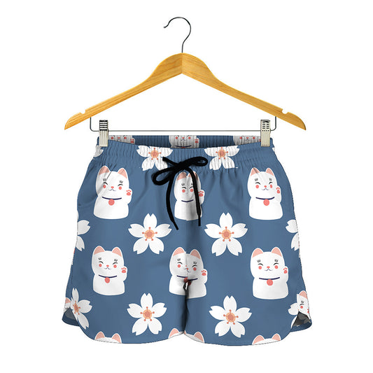 Japanese Lucky Cat And Sakura Print Women's Shorts