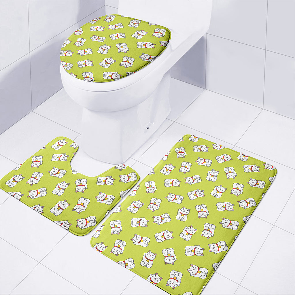Japanese Lucky Cat Cartoon Print 3 Piece Bath Mat Set