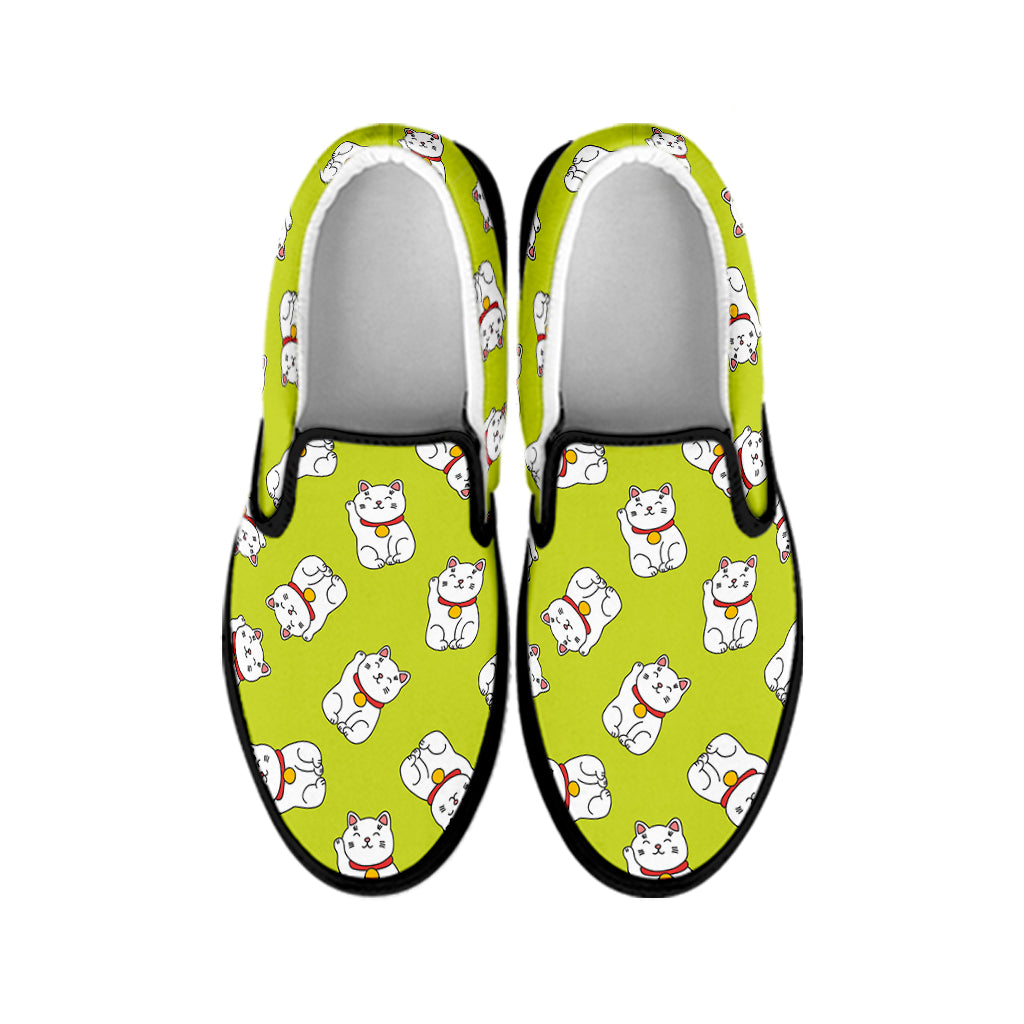 Japanese Lucky Cat Cartoon Print Black Slip On Shoes
