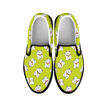 Japanese Lucky Cat Cartoon Print Black Slip On Shoes