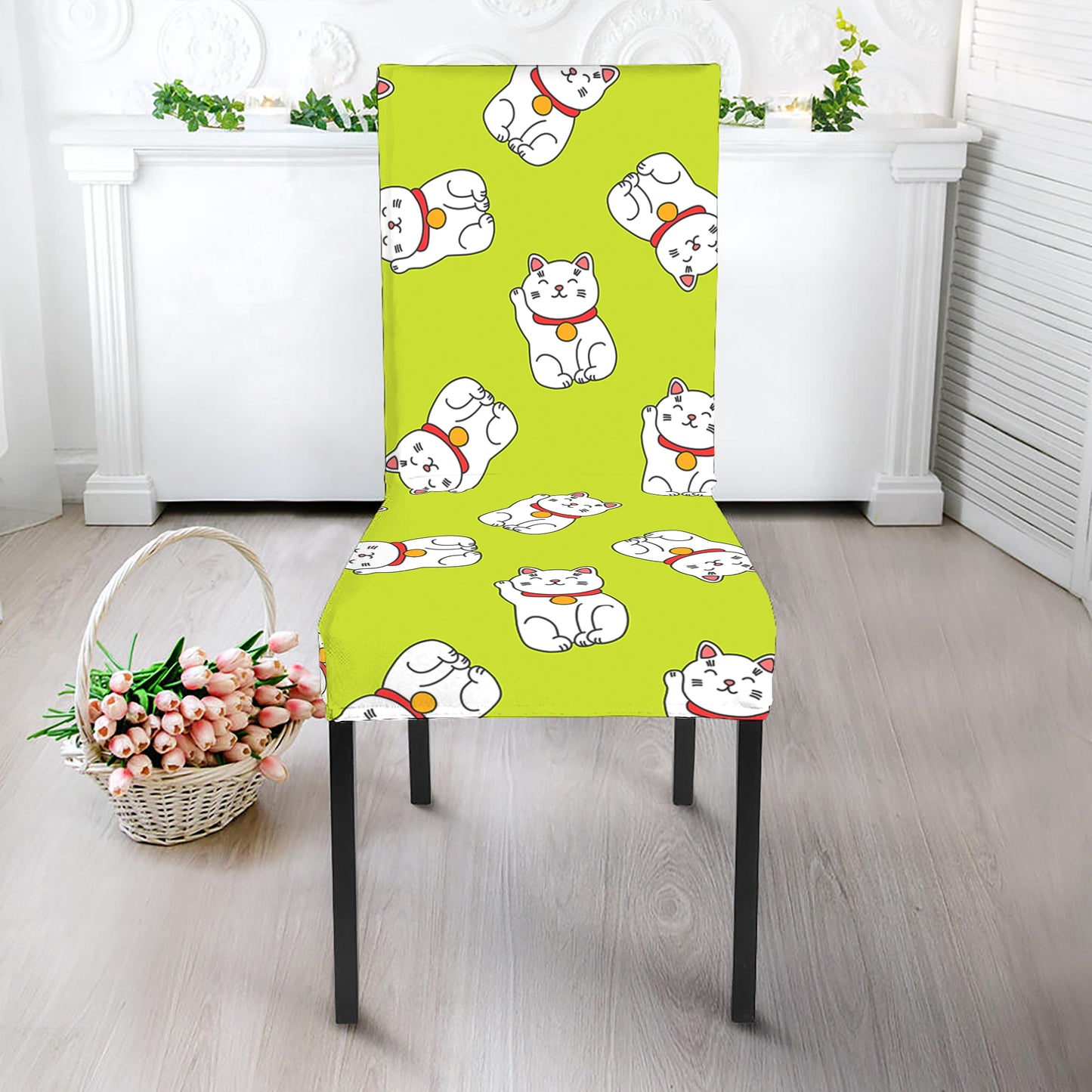 Japanese Lucky Cat Cartoon Print Dining Chair Slipcover