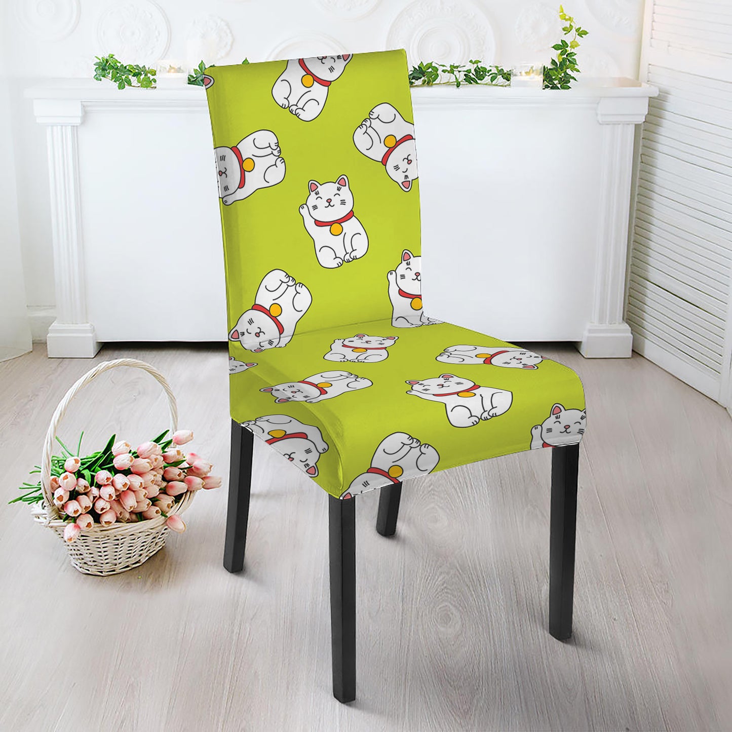 Japanese Lucky Cat Cartoon Print Dining Chair Slipcover