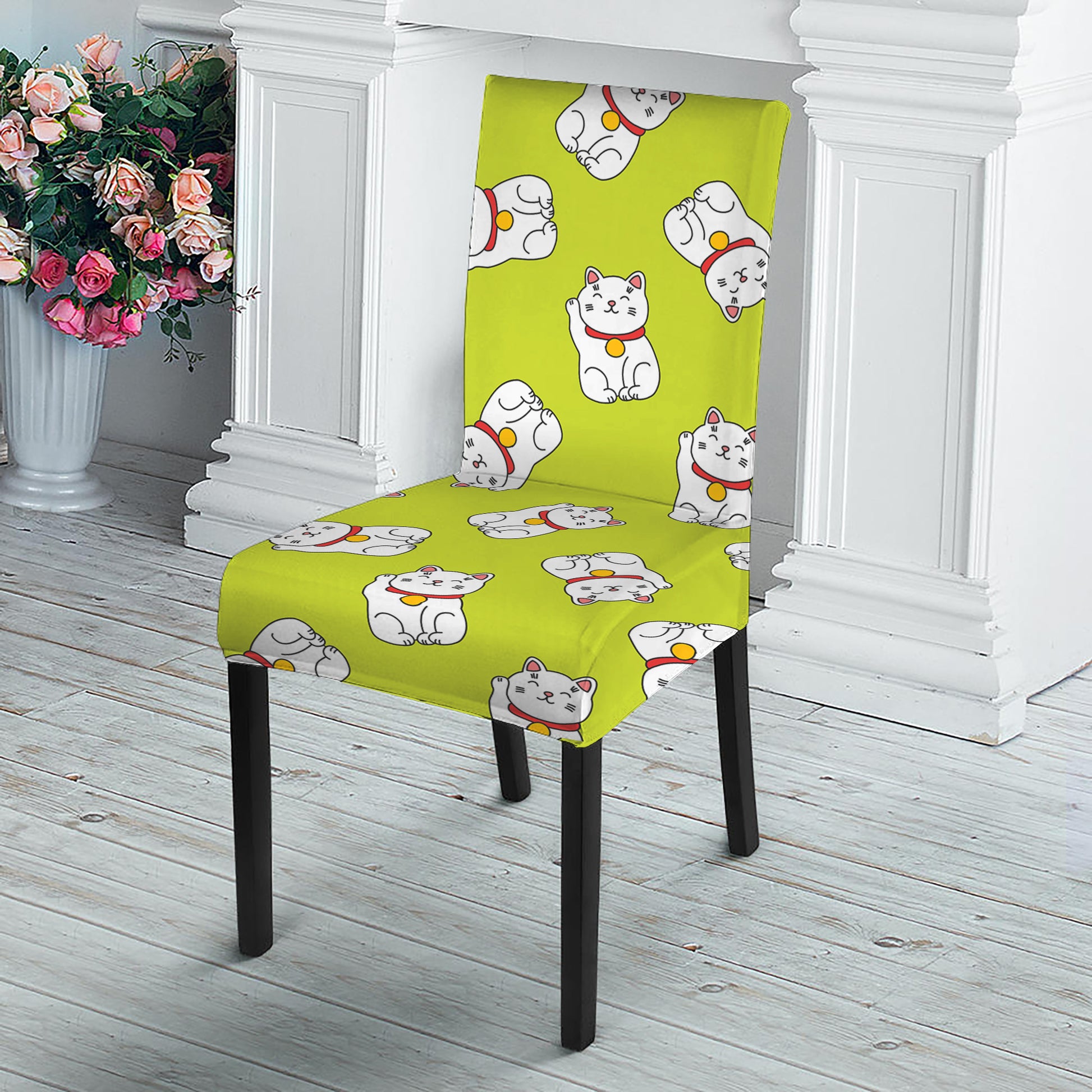 Japanese Lucky Cat Cartoon Print Dining Chair Slipcover