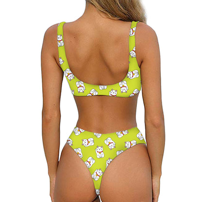 Japanese Lucky Cat Cartoon Print Front Bow Tie Bikini