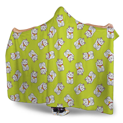 Japanese Lucky Cat Cartoon Print Hooded Blanket