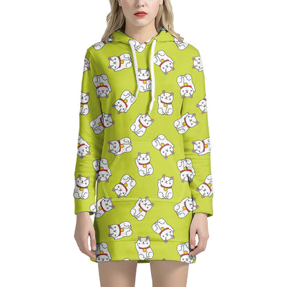 Japanese Lucky Cat Cartoon Print Hoodie Dress