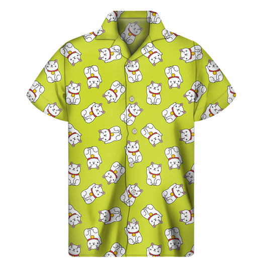 Japanese Lucky Cat Cartoon Print Men's Short Sleeve Shirt
