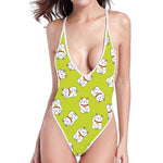 Japanese Lucky Cat Cartoon Print One Piece High Cut Swimsuit