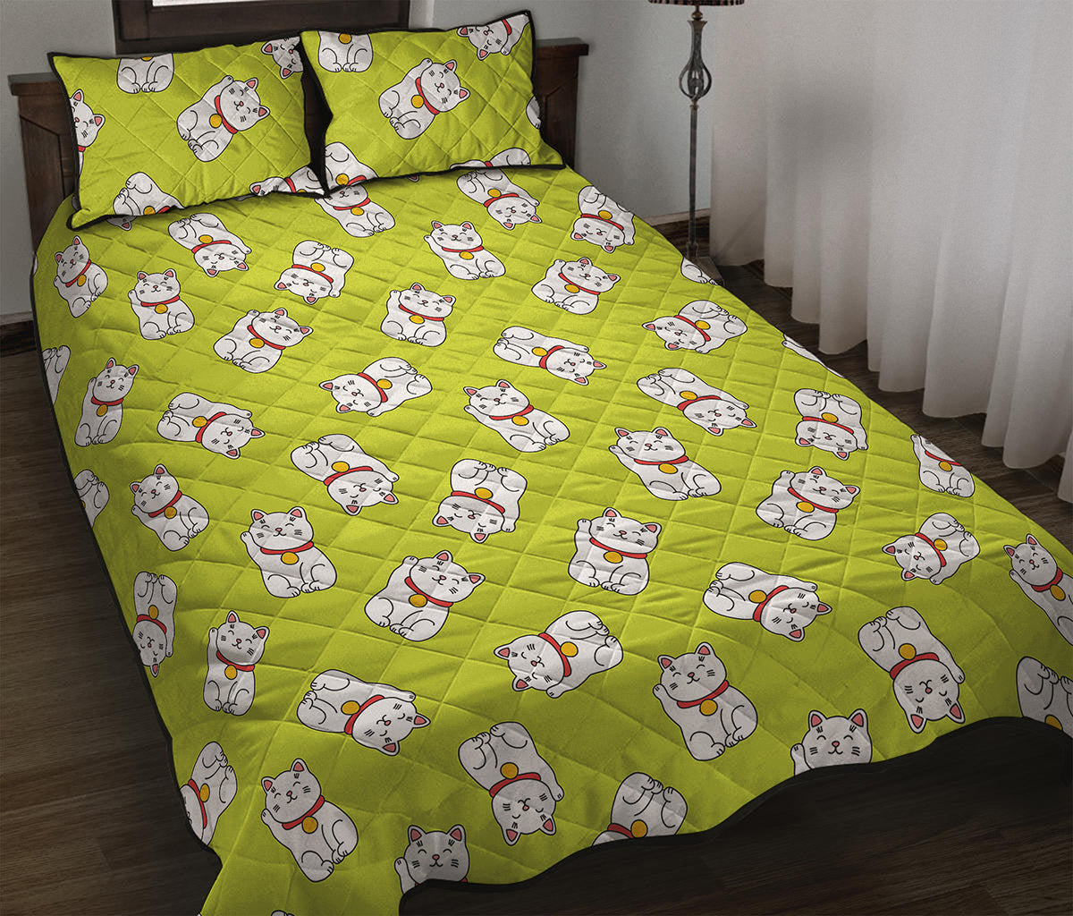 Japanese Lucky Cat Cartoon Print Quilt Bed Set