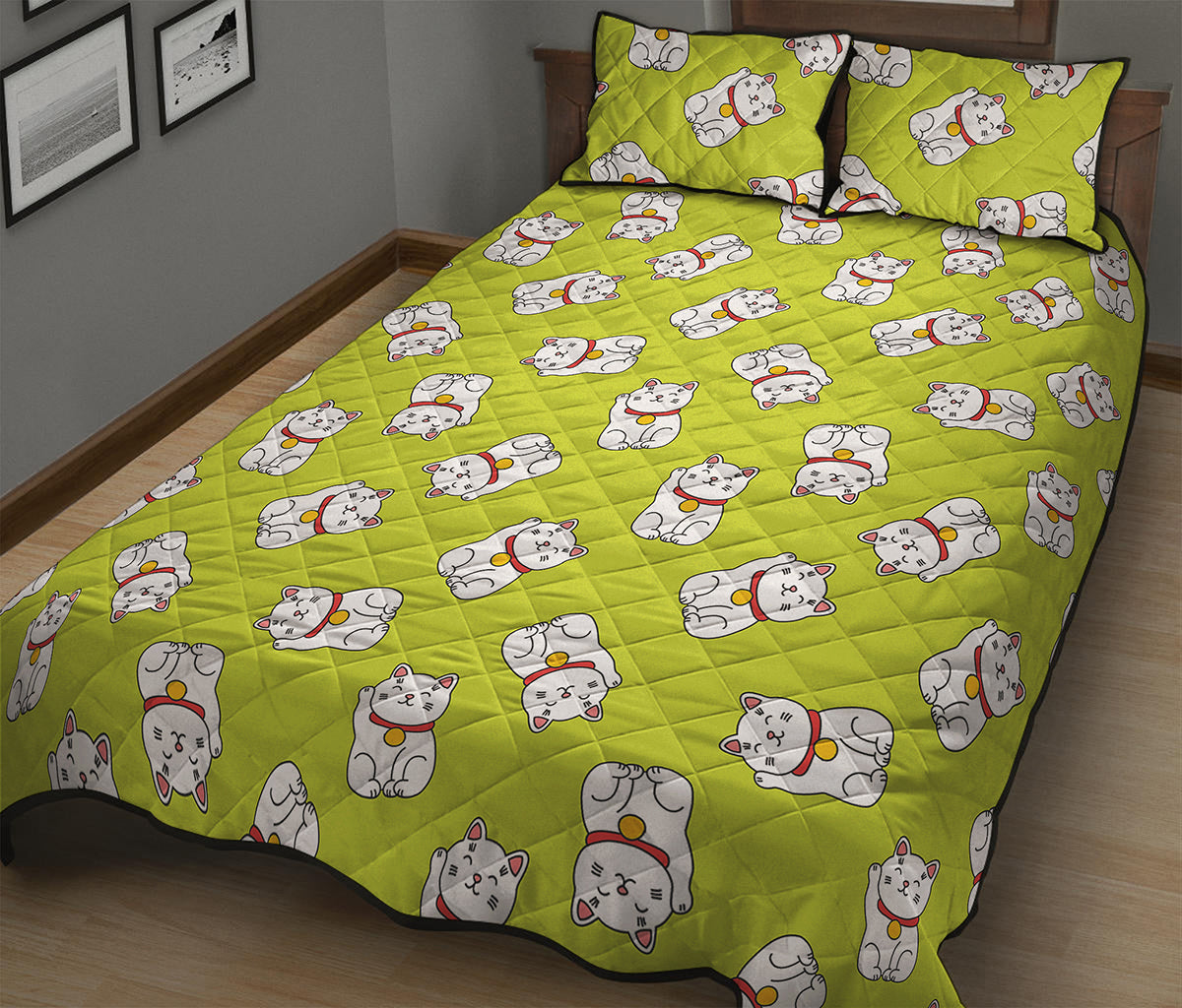Japanese Lucky Cat Cartoon Print Quilt Bed Set