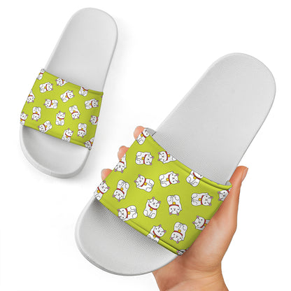 Japanese Lucky Cat Cartoon Print White Slide Sandals