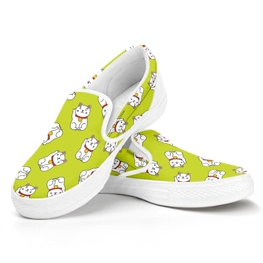Japanese Lucky Cat Cartoon Print White Slip On Shoes
