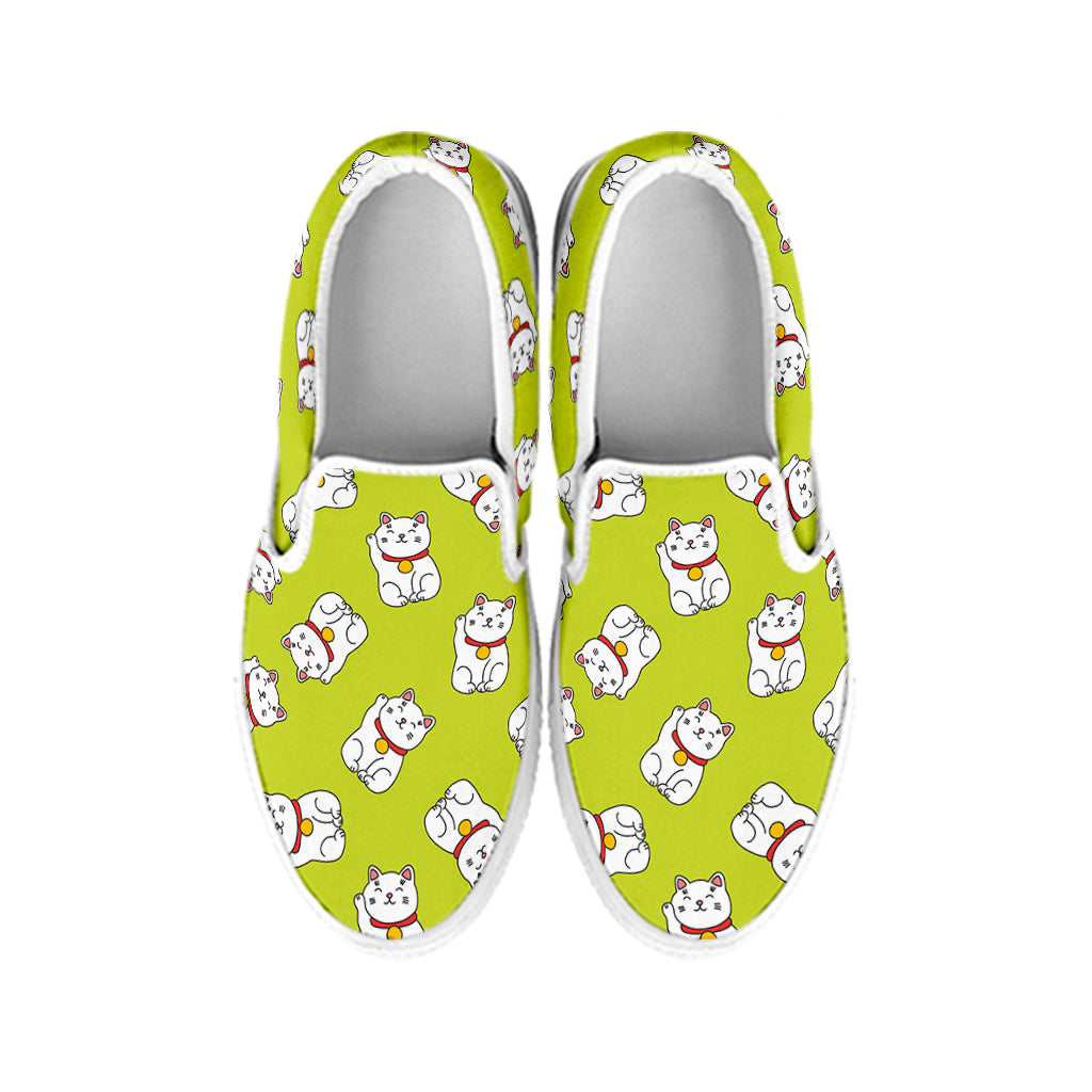 Japanese Lucky Cat Cartoon Print White Slip On Shoes