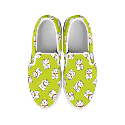 Japanese Lucky Cat Cartoon Print White Slip On Shoes