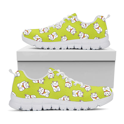 Japanese Lucky Cat Cartoon Print White Sneakers
