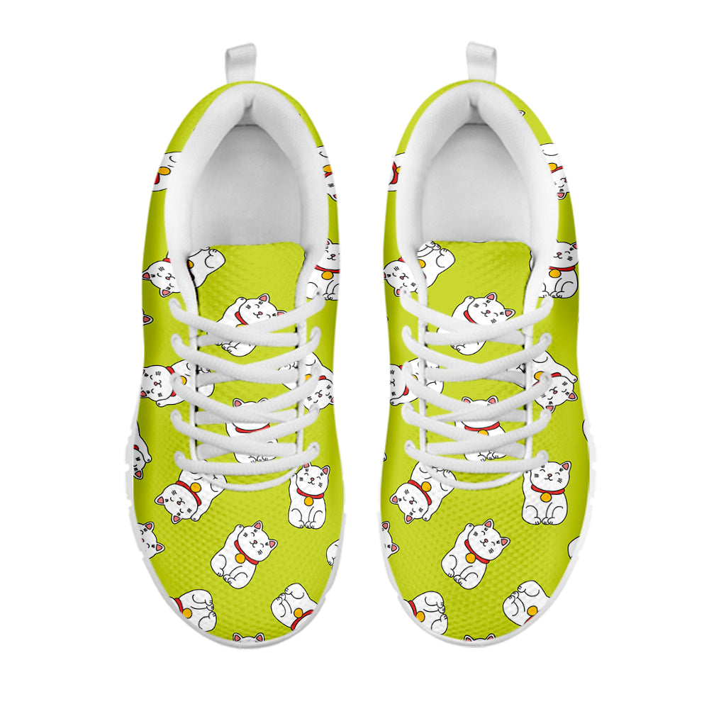 Japanese Lucky Cat Cartoon Print White Sneakers