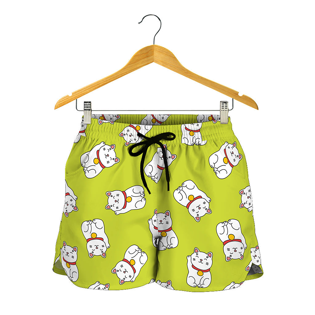 Japanese Lucky Cat Cartoon Print Women's Shorts