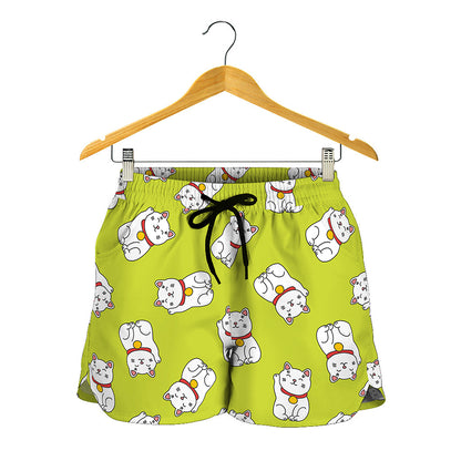 Japanese Lucky Cat Cartoon Print Women's Shorts