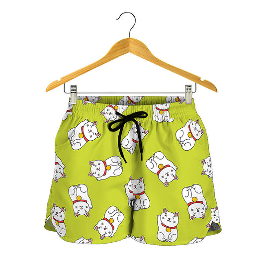 Japanese Lucky Cat Cartoon Print Women's Shorts
