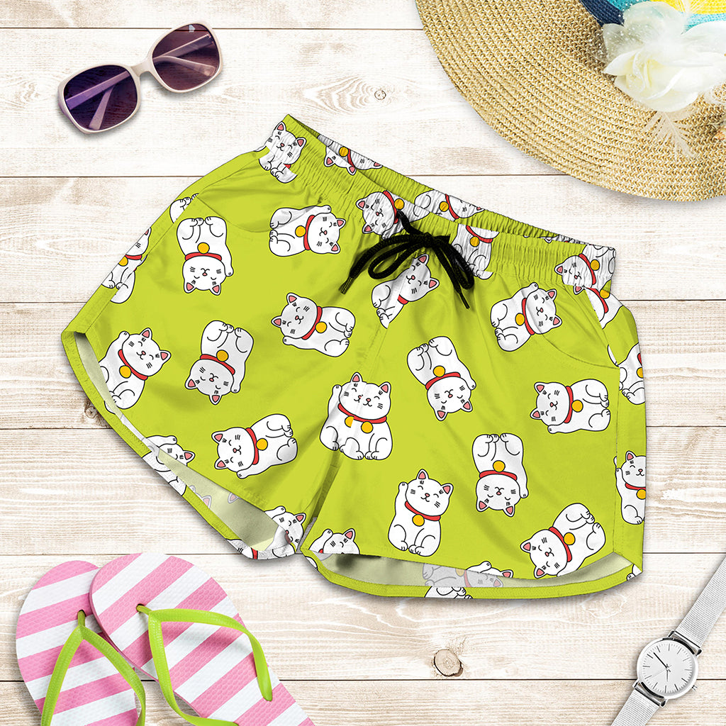 Japanese Lucky Cat Cartoon Print Women's Shorts