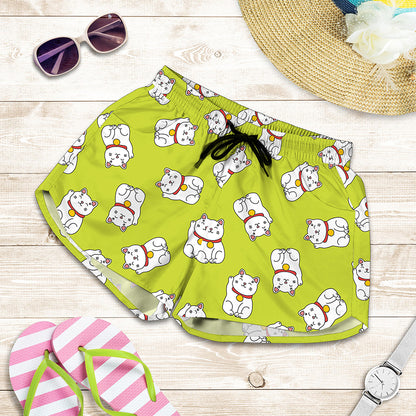 Japanese Lucky Cat Cartoon Print Women's Shorts