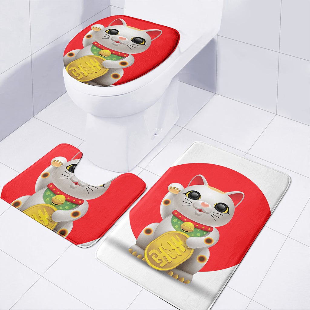 Japanese Lucky Cat Maneki Neko Print 3 Piece Bath Mat Set