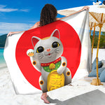 Japanese Lucky Cat Maneki Neko Print Beach Sarong Wrap