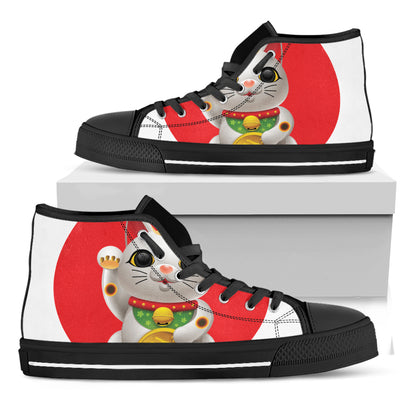 Japanese Lucky Cat Maneki Neko Print Black High Top Shoes