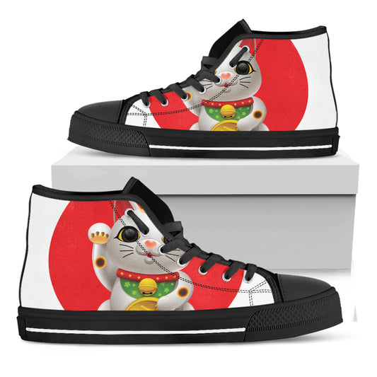 Japanese Lucky Cat Maneki Neko Print Black High Top Shoes