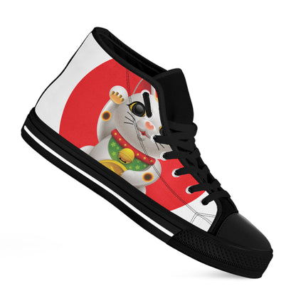 Japanese Lucky Cat Maneki Neko Print Black High Top Shoes