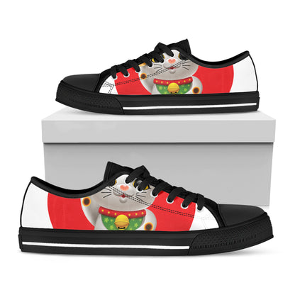 Japanese Lucky Cat Maneki Neko Print Black Low Top Shoes 