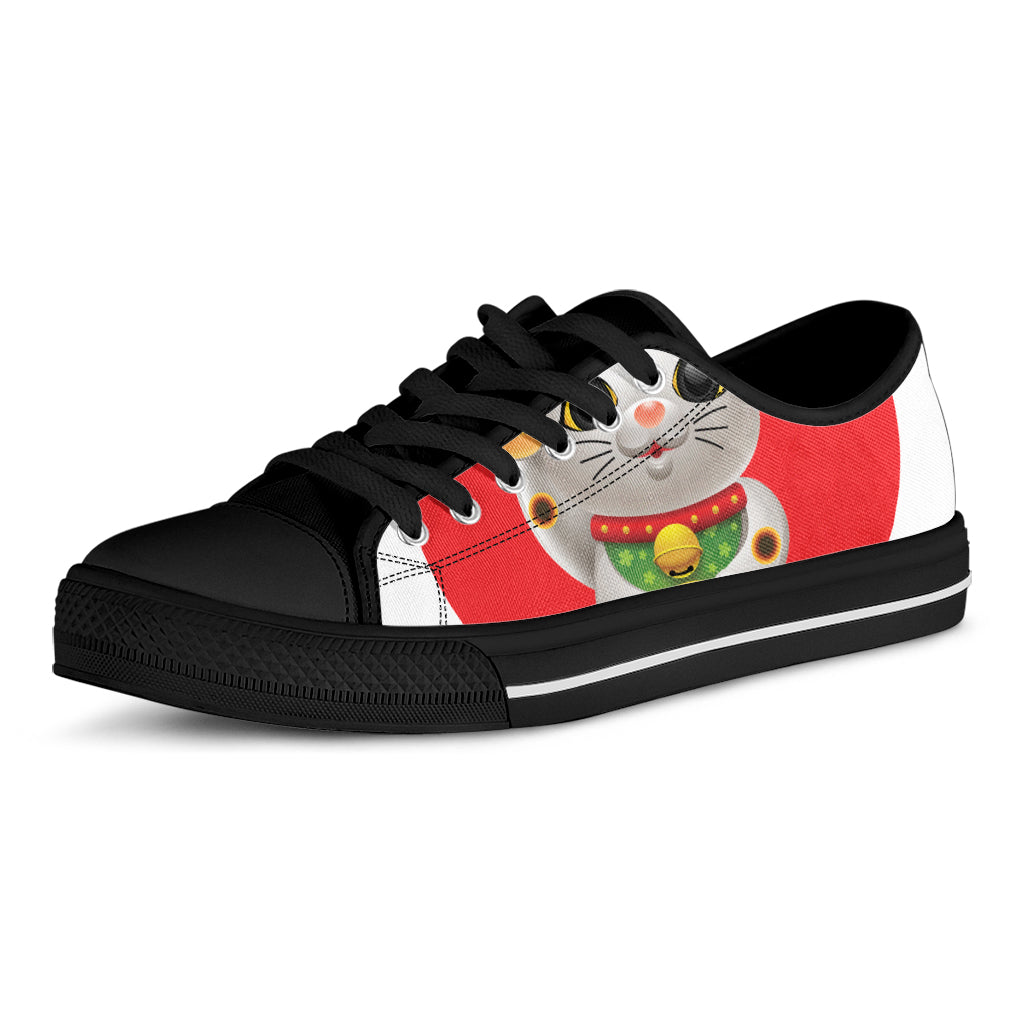 Japanese Lucky Cat Maneki Neko Print Black Low Top Shoes 
