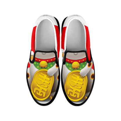 Japanese Lucky Cat Maneki Neko Print Black Slip On Shoes
