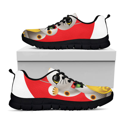 Japanese Lucky Cat Maneki Neko Print Black Sneakers