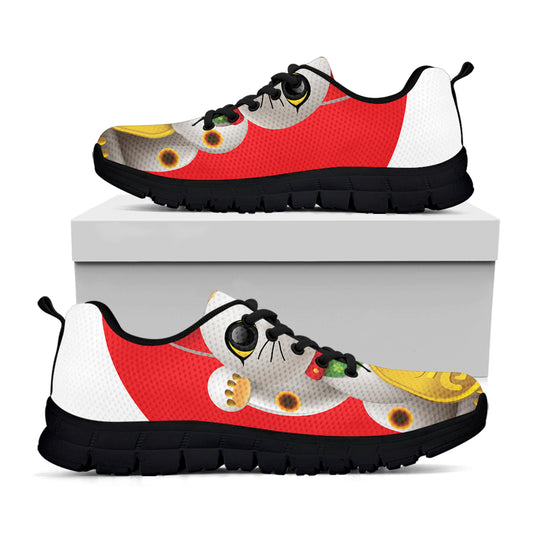 Japanese Lucky Cat Maneki Neko Print Black Sneakers