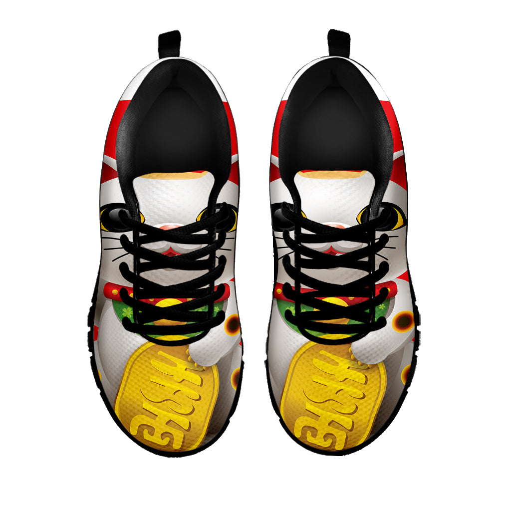 Japanese Lucky Cat Maneki Neko Print Black Sneakers