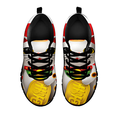 Japanese Lucky Cat Maneki Neko Print Black Sneakers
