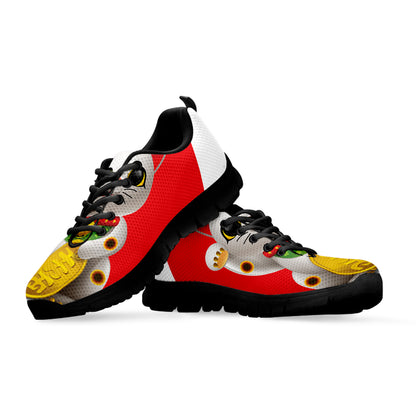 Japanese Lucky Cat Maneki Neko Print Black Sneakers