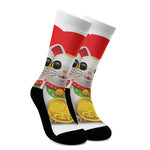 Japanese Lucky Cat Maneki Neko Print Crew Socks