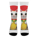 Japanese Lucky Cat Maneki Neko Print Crew Socks